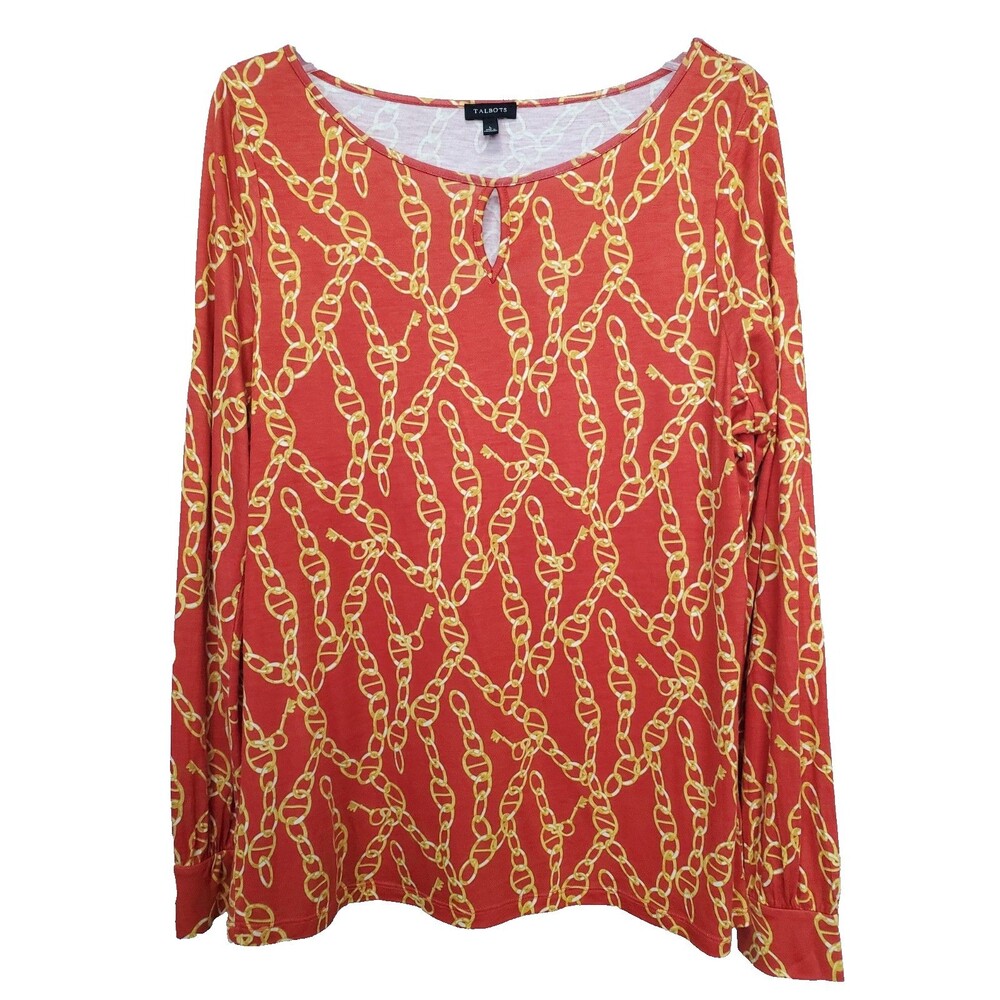 Talbots Rayon/Lyocell Red & Gold Chain Print Keyhole Neck Long Sleeve Blouse L